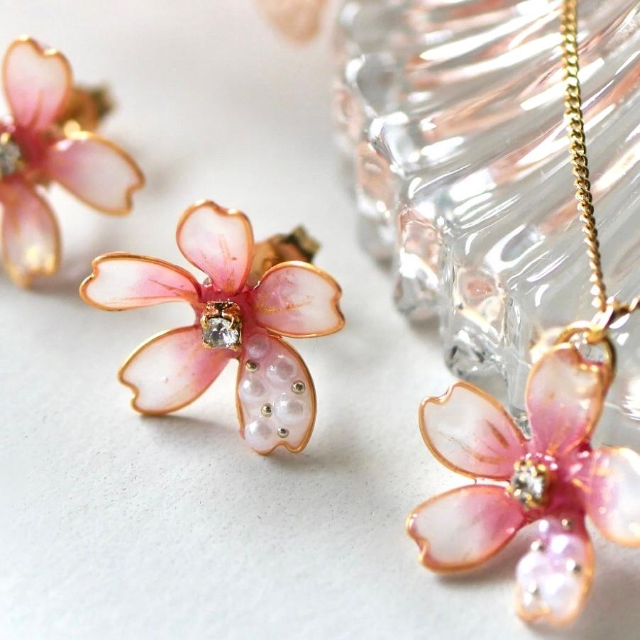 桜パールのアクセサリーセット｜ワインピンクのネックレス＆ピアス（イヤリング）｜入学式・卒業式・春フォーマルに