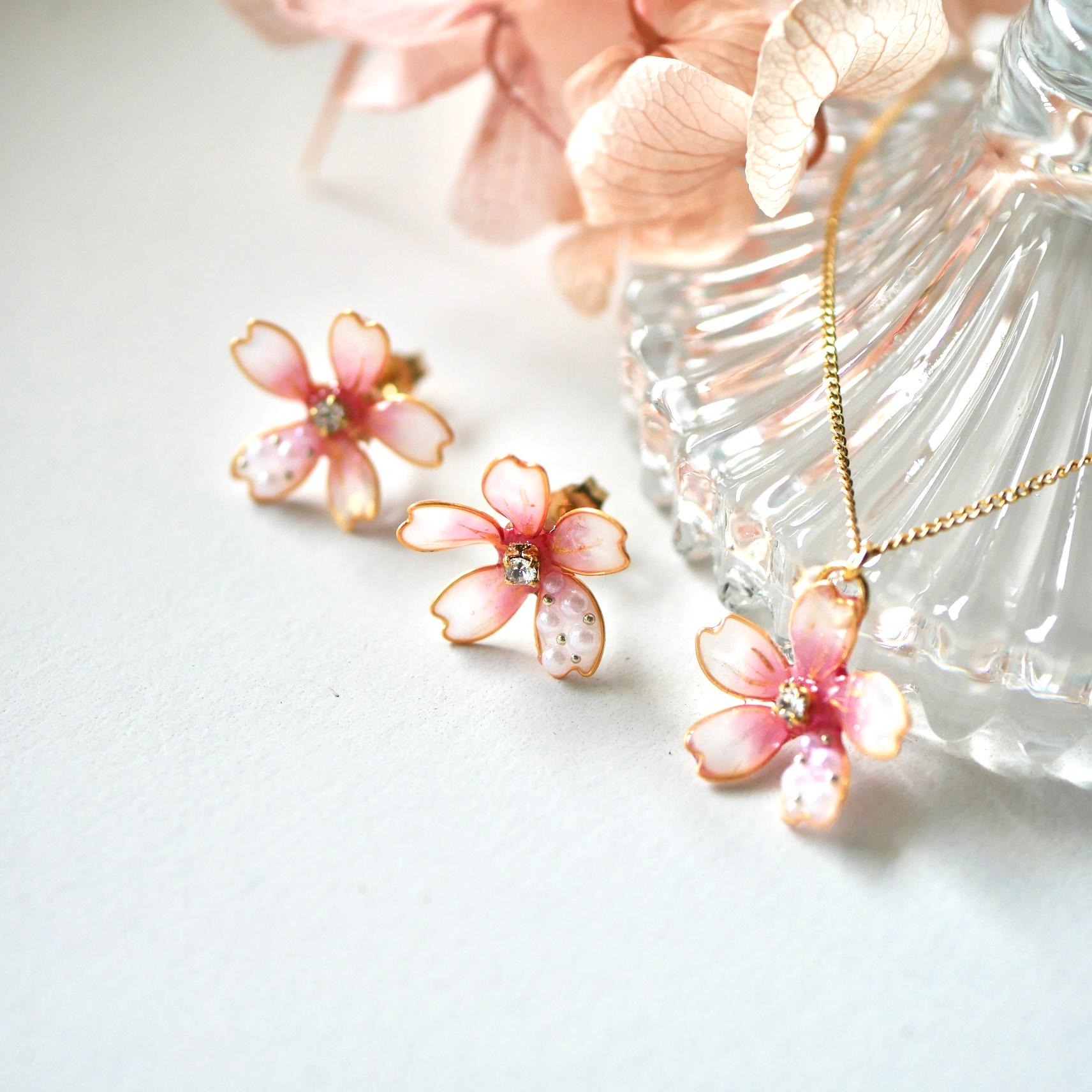 桜パールのアクセサリーセット｜ワインピンクのネックレス＆ピアス（イヤリング）｜入学式・卒業式・春フォーマルに | 2枚目